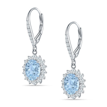 Oval Halo Flower Drop Dangle Leverback Earring Aquamarine CZ 925 Sterling Silver